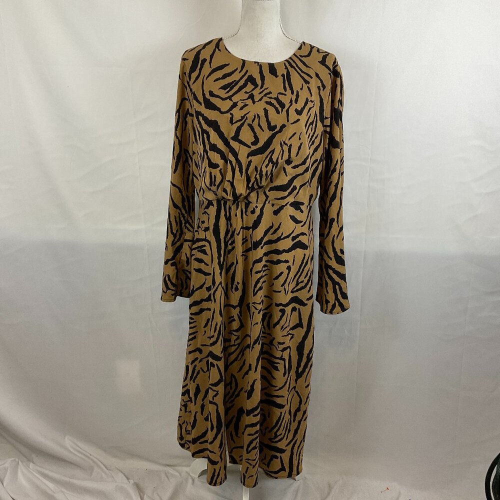 Lulu's Dress XL Brown Black Animal Print Pleat Detail Slit Midi
